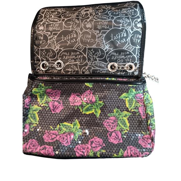 Betsey Johnson  floral sequined black Purse crossbody handbag shoulder bag   *E - Picture 4 of 7